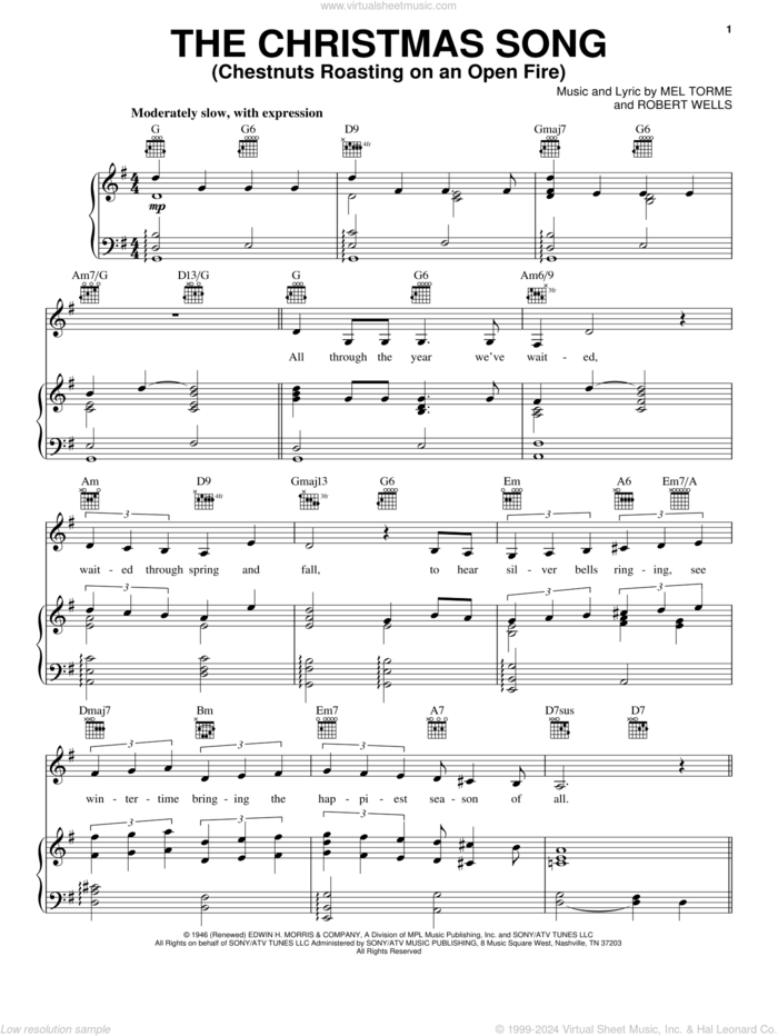 The Christmas Song (Chestnuts Roasting On An Open Fire) sheet music for voice, piano or guitar by Carpenters, Mel Torme and Robert Wells, intermediate skill level