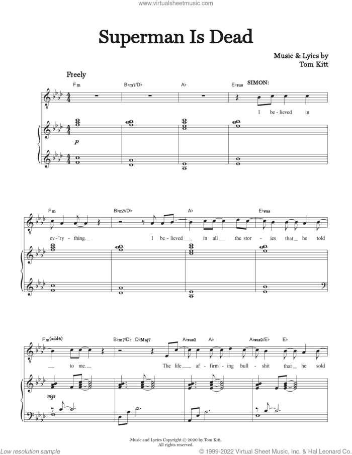 Superman Is Dead (from the musical Superhero) sheet music for voice and piano by Tom Kitt, intermediate skill level