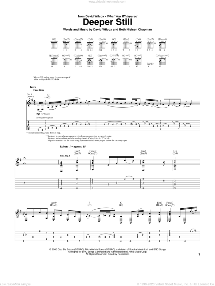 Deeper Still sheet music for guitar (tablature) by David Wilcox and Beth Nielsen Chapman, intermediate skill level