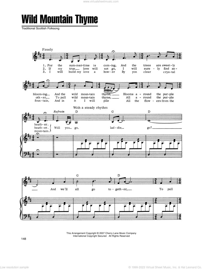 Wild Mountain Thyme sheet music for voice, piano or guitar, intermediate skill level