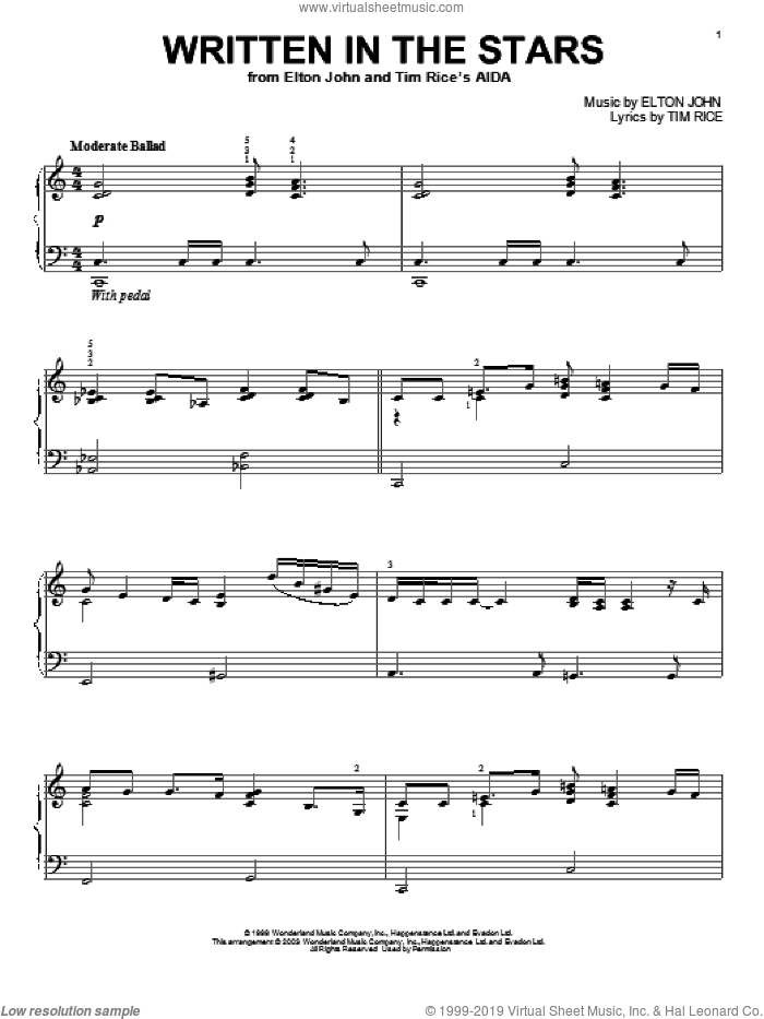 Written In The Stars (from Aida) sheet music for piano solo by Elton John, Aida (Musical), LeAnn Rimes and Tim Rice, intermediate skill level