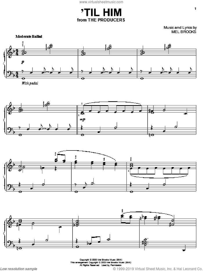 'Til Him sheet music for piano solo by Mel Brooks and The Producers (Musical), intermediate skill level