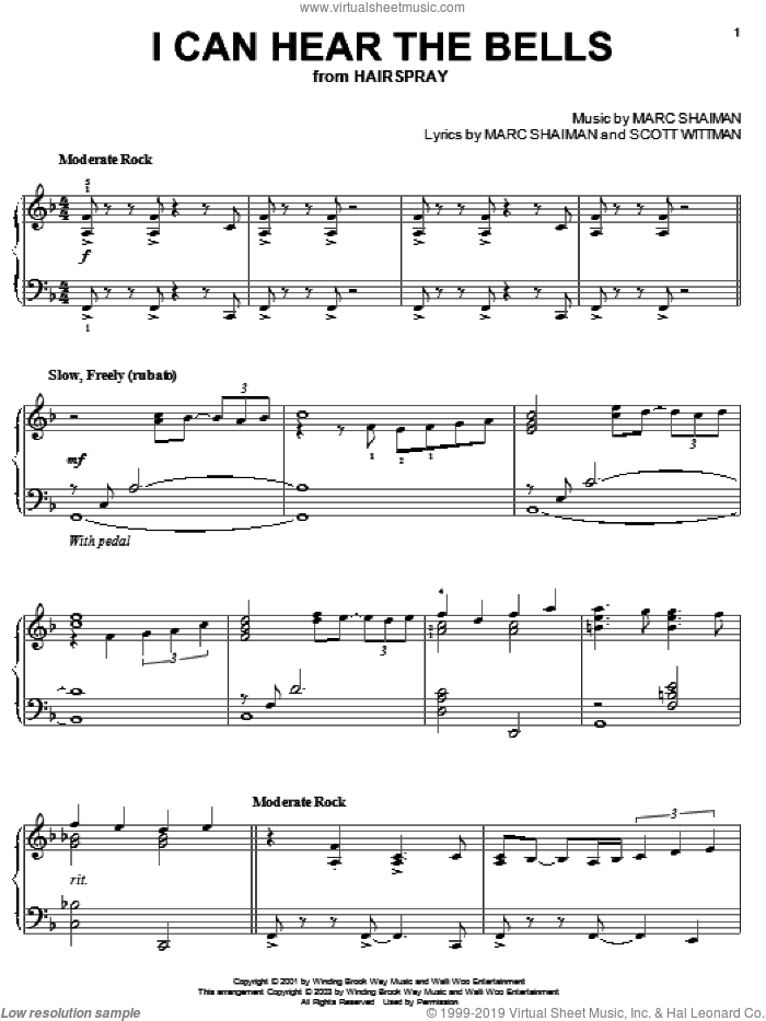 I Can Hear The Bells, (intermediate) sheet music for piano solo by Marc Shaiman, Hairspray (Musical) and Scott Wittman, intermediate skill level