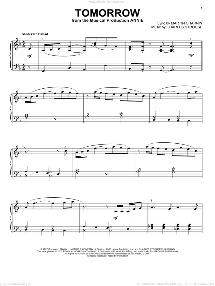 Tomorrow, (intermediate) sheet music for piano solo by Charles Strouse, Annie (Musical) and Martin Charnin, intermediate skill level