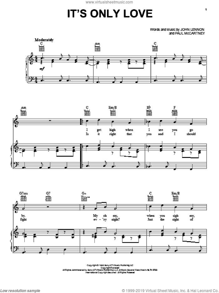 It's Only Love sheet music for voice, piano or guitar by The Beatles, John Lennon and Paul McCartney, intermediate skill level