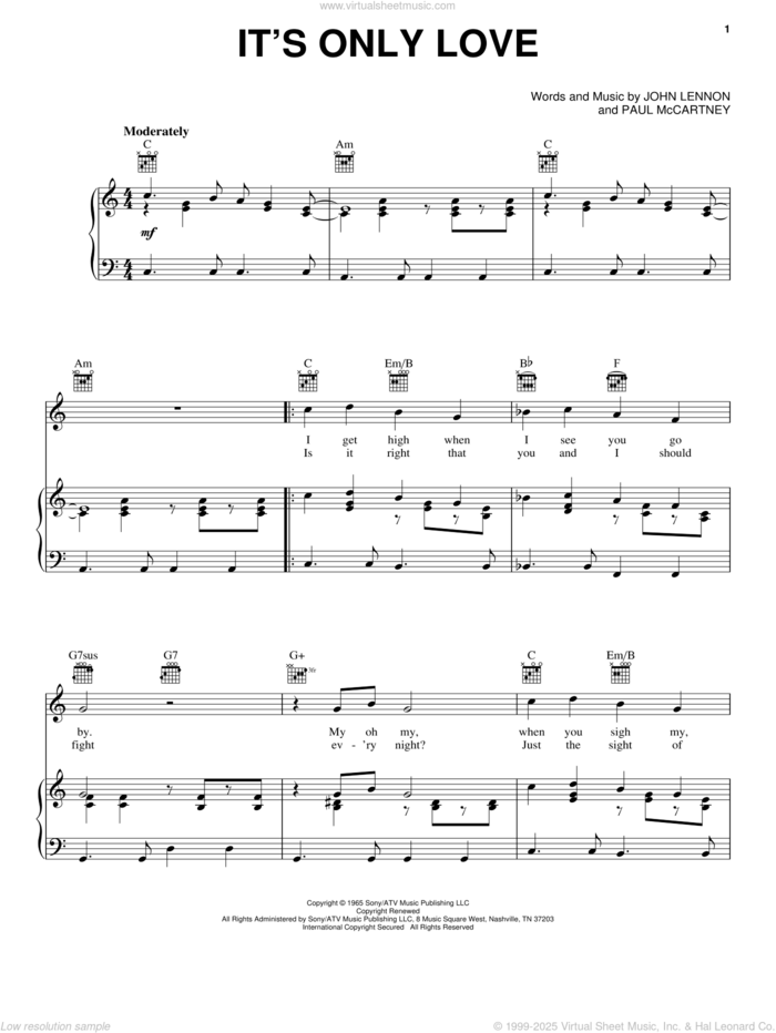 It's Only Love sheet music for voice, piano or guitar by The Beatles, John Lennon and Paul McCartney, intermediate skill level