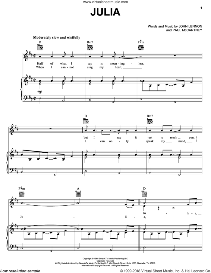 Julia sheet music for voice, piano or guitar by The Beatles, John Lennon and Paul McCartney, intermediate skill level