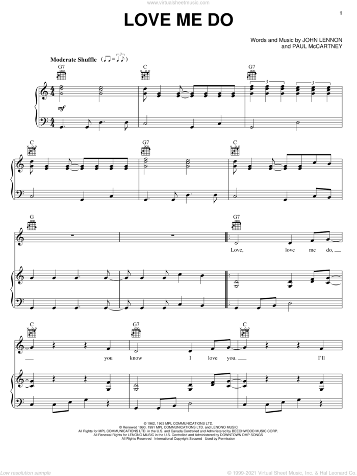 Love Me Do sheet music for voice, piano or guitar by The Beatles, John Lennon and Paul McCartney, intermediate skill level