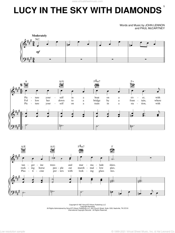 Lucy In The Sky With Diamonds sheet music for voice, piano or guitar by The Beatles, Across The Universe (Movie), Elton John, John Lennon and Paul McCartney, intermediate skill level