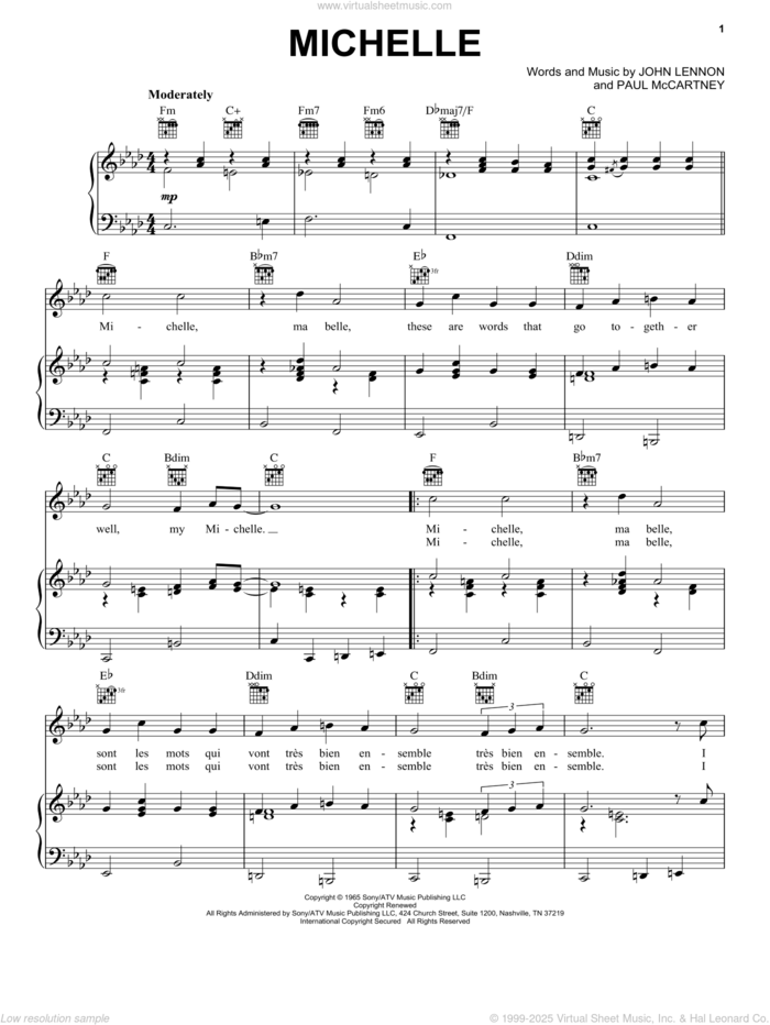 Michelle sheet music for voice, piano or guitar by The Beatles, John Lennon and Paul McCartney, intermediate skill level