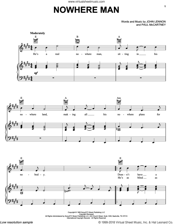 Nowhere Man sheet music for voice, piano or guitar by The Beatles, John Lennon and Paul McCartney, intermediate skill level