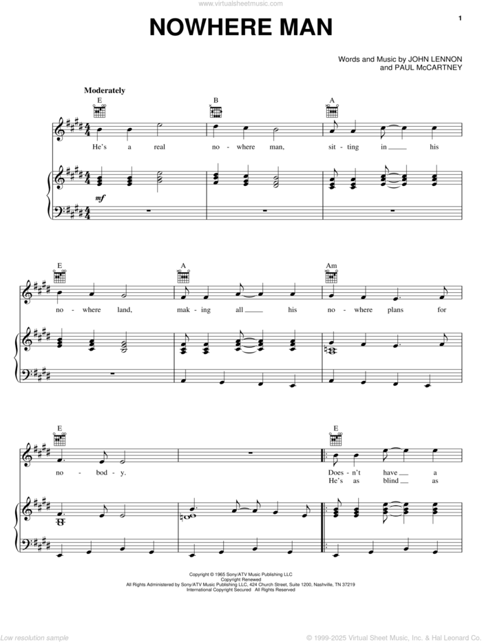 Nowhere Man sheet music for voice, piano or guitar by The Beatles, John Lennon and Paul McCartney, intermediate skill level