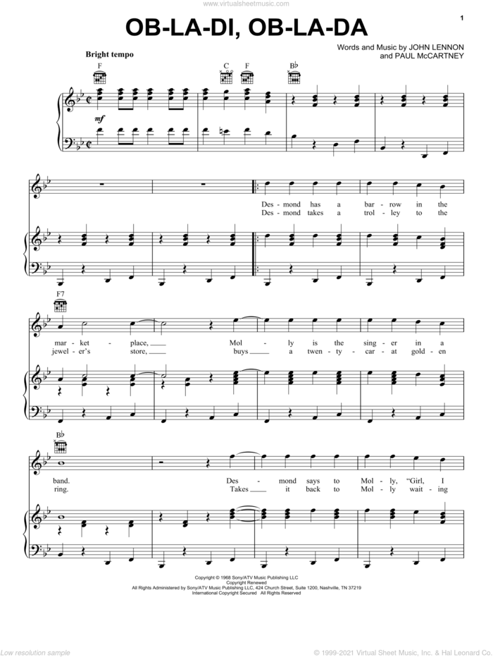 Ob-La-Di, Ob-La-Da sheet music for voice, piano or guitar by The Beatles, John Lennon and Paul McCartney, intermediate skill level