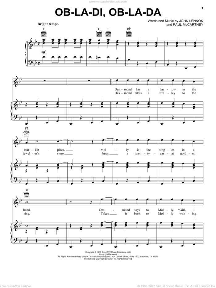 Ob-La-Di, Ob-La-Da sheet music for voice, piano or guitar by The Beatles, John Lennon and Paul McCartney, intermediate skill level