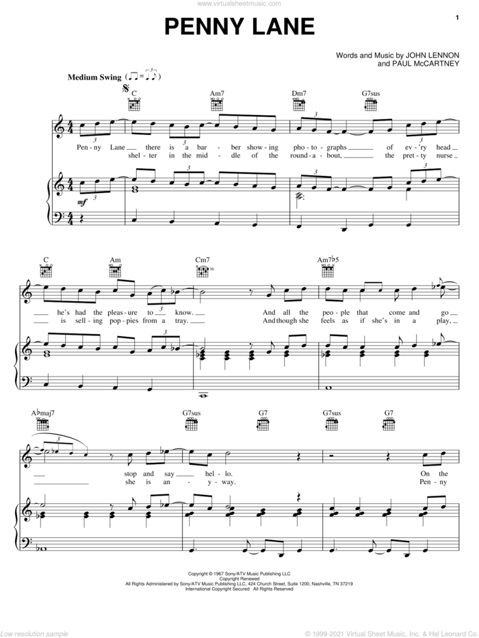 Penny Lane sheet music for voice, piano or guitar by The Beatles, John Lennon and Paul McCartney, intermediate skill level