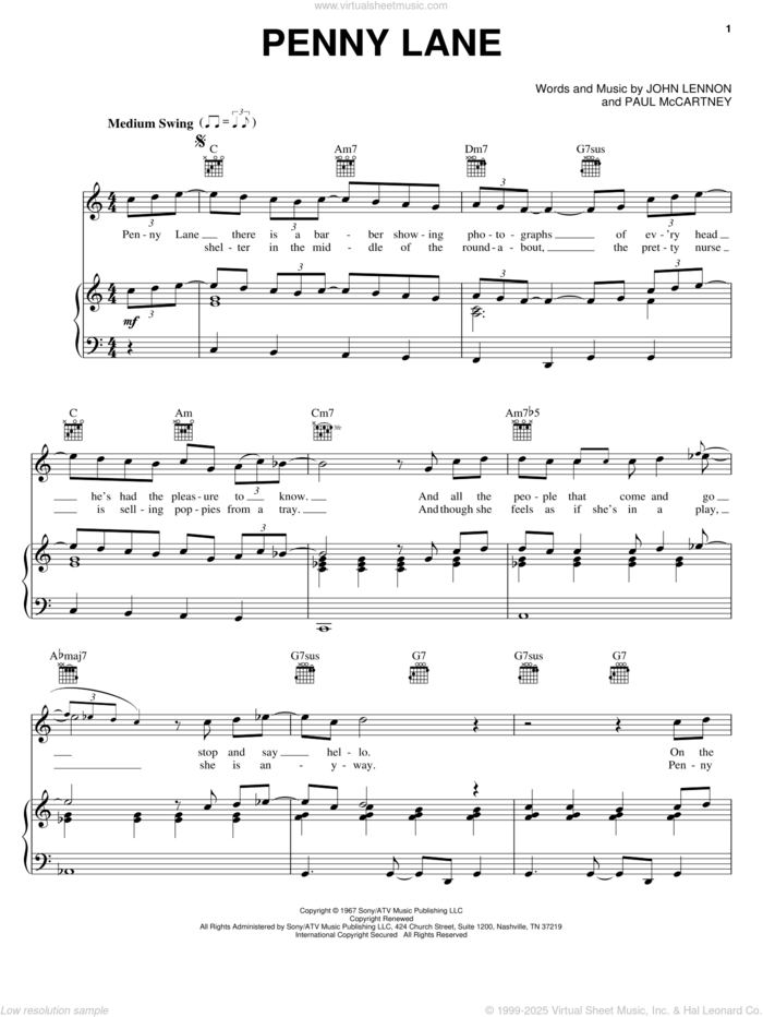 Penny Lane sheet music for voice, piano or guitar by The Beatles, John Lennon and Paul McCartney, intermediate skill level