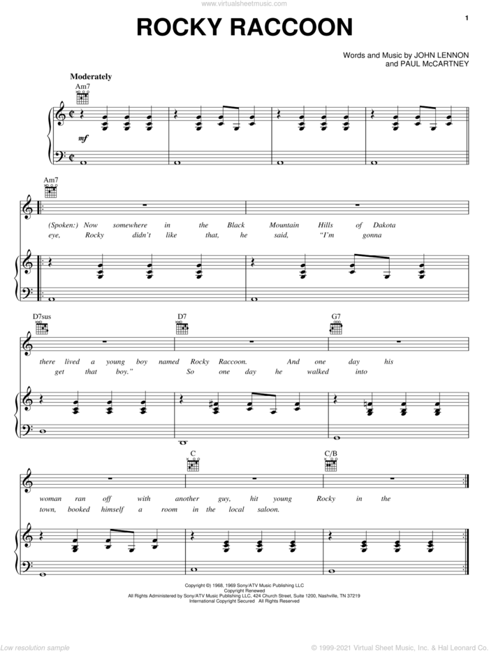 Rocky Raccoon sheet music for voice, piano or guitar by The Beatles, John Lennon and Paul McCartney, intermediate skill level