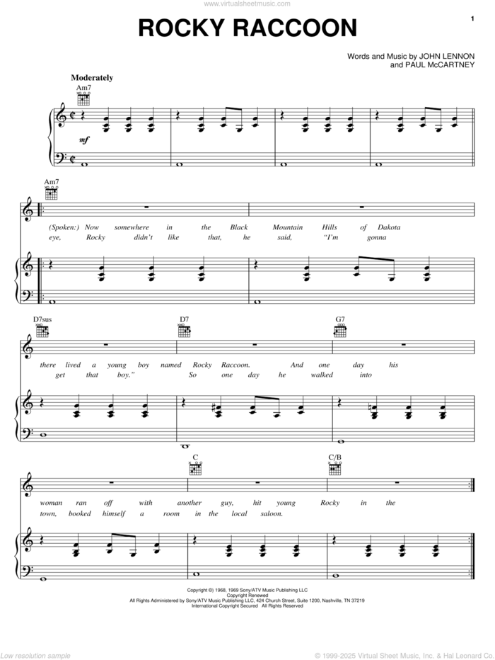 Rocky Raccoon sheet music for voice, piano or guitar by The Beatles, John Lennon and Paul McCartney, intermediate skill level