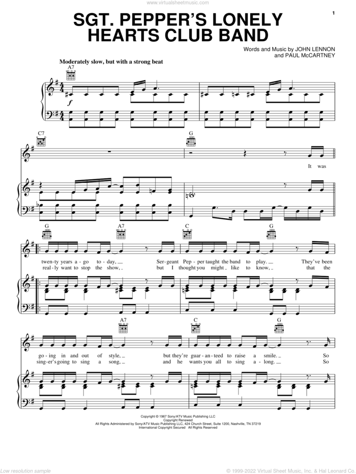 Sgt. Pepper's Lonely Hearts Club Band sheet music for voice, piano or guitar by The Beatles, John Lennon and Paul McCartney, intermediate skill level