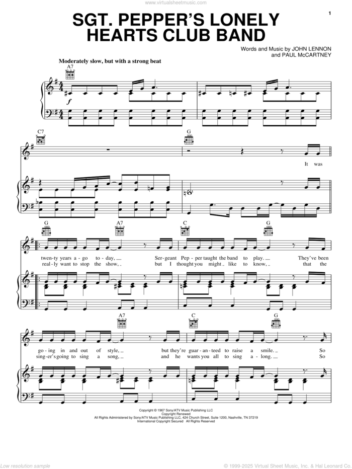 Sgt. Pepper's Lonely Hearts Club Band sheet music for voice, piano or guitar by The Beatles, John Lennon and Paul McCartney, intermediate skill level