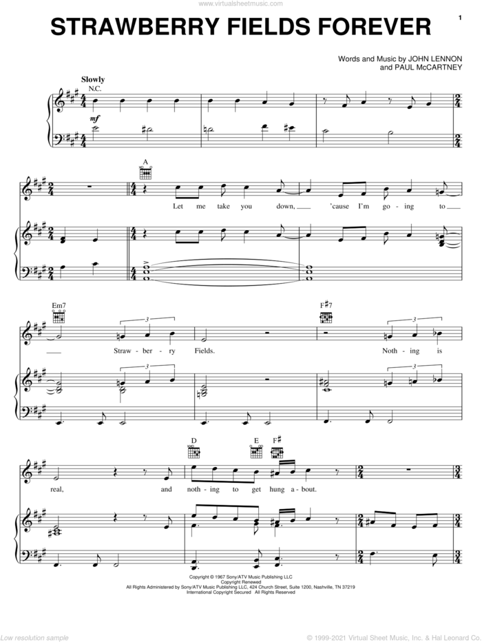 Strawberry Fields Forever sheet music for voice, piano or guitar by The Beatles, Across The Universe (Movie), John Lennon and Paul McCartney, intermediate skill level