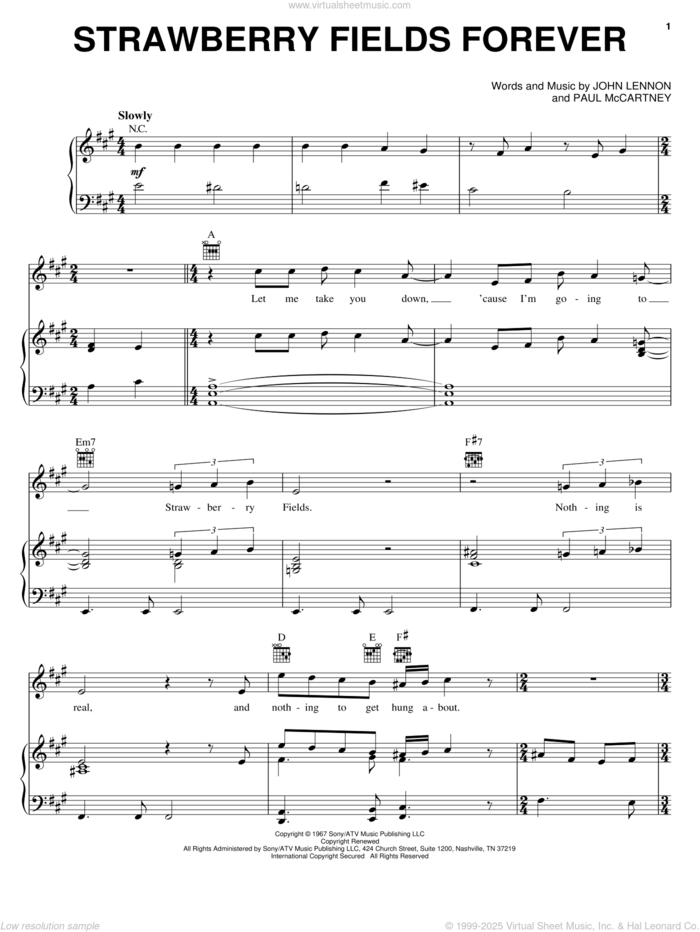 Strawberry Fields Forever sheet music for voice, piano or guitar by The Beatles, Across The Universe (Movie), John Lennon and Paul McCartney, intermediate skill level