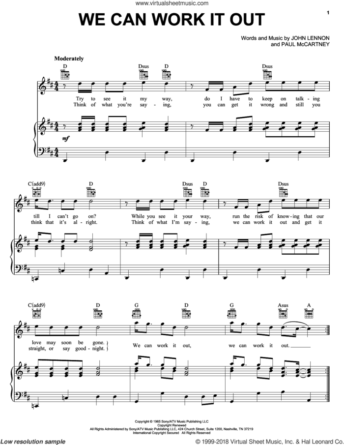 We Can Work It Out sheet music for voice, piano or guitar by The Beatles, John Lennon and Paul McCartney, intermediate skill level