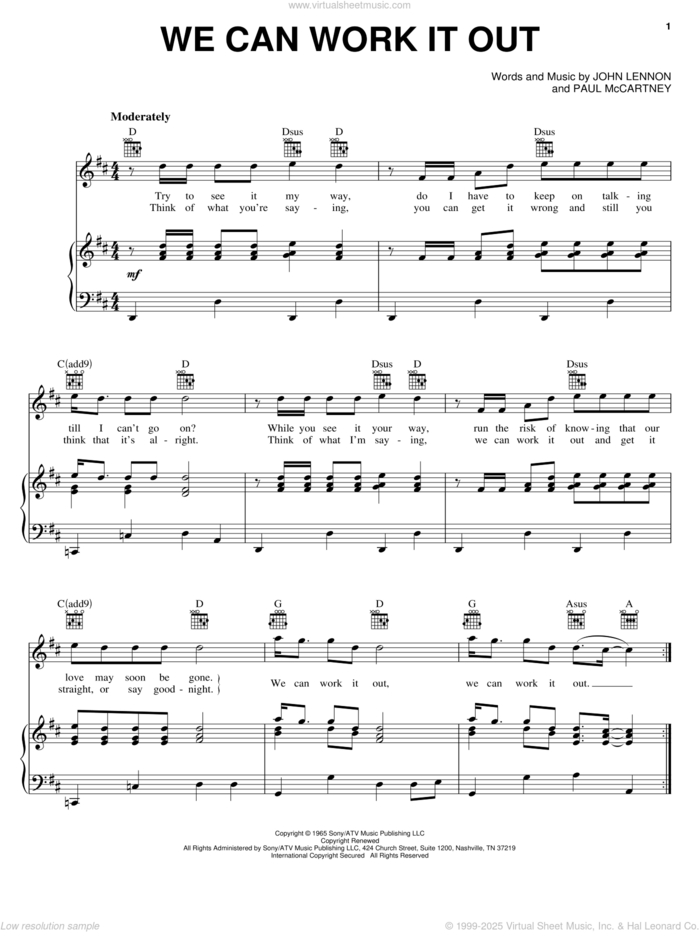 We Can Work It Out sheet music for voice, piano or guitar by The Beatles, John Lennon and Paul McCartney, intermediate skill level