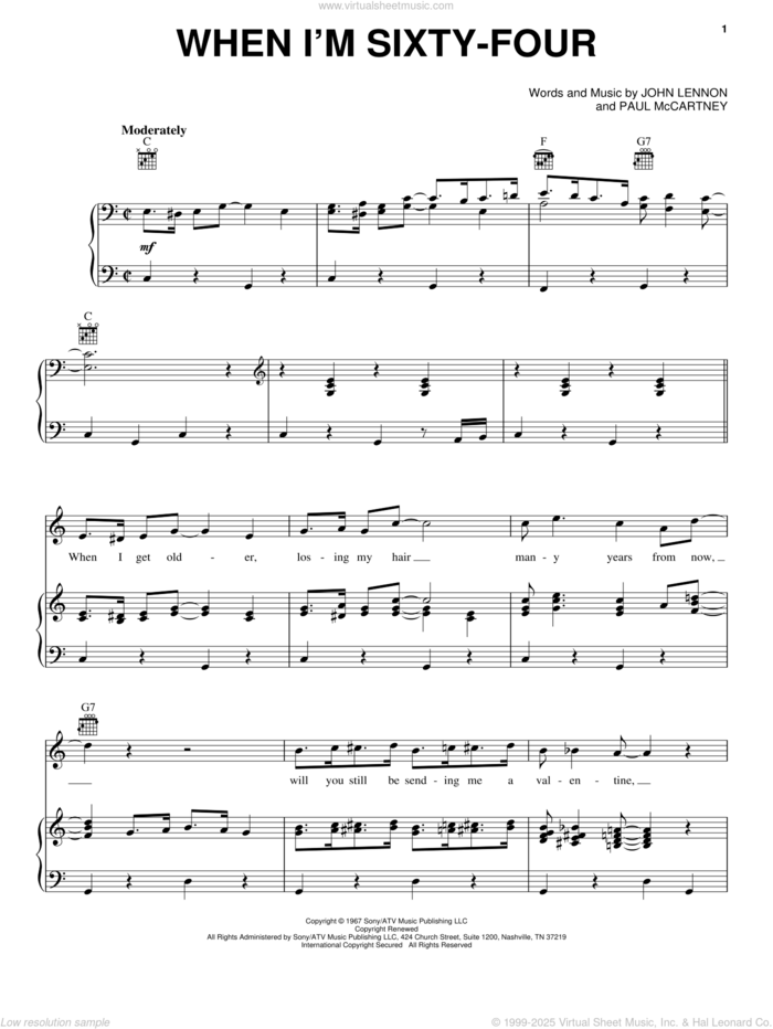 When I'm Sixty-Four sheet music for voice, piano or guitar by The Beatles, John Lennon and Paul McCartney, intermediate skill level