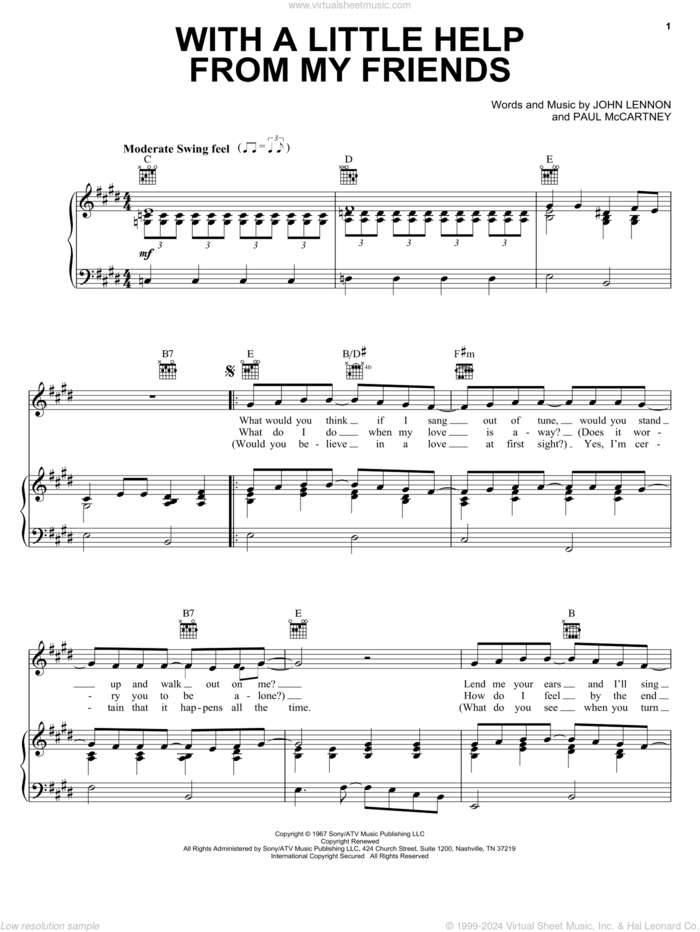 With A Little Help From My Friends sheet music for voice, piano or guitar by The Beatles, Across The Universe (Movie), Joe Cocker, John Lennon and Paul McCartney, intermediate skill level