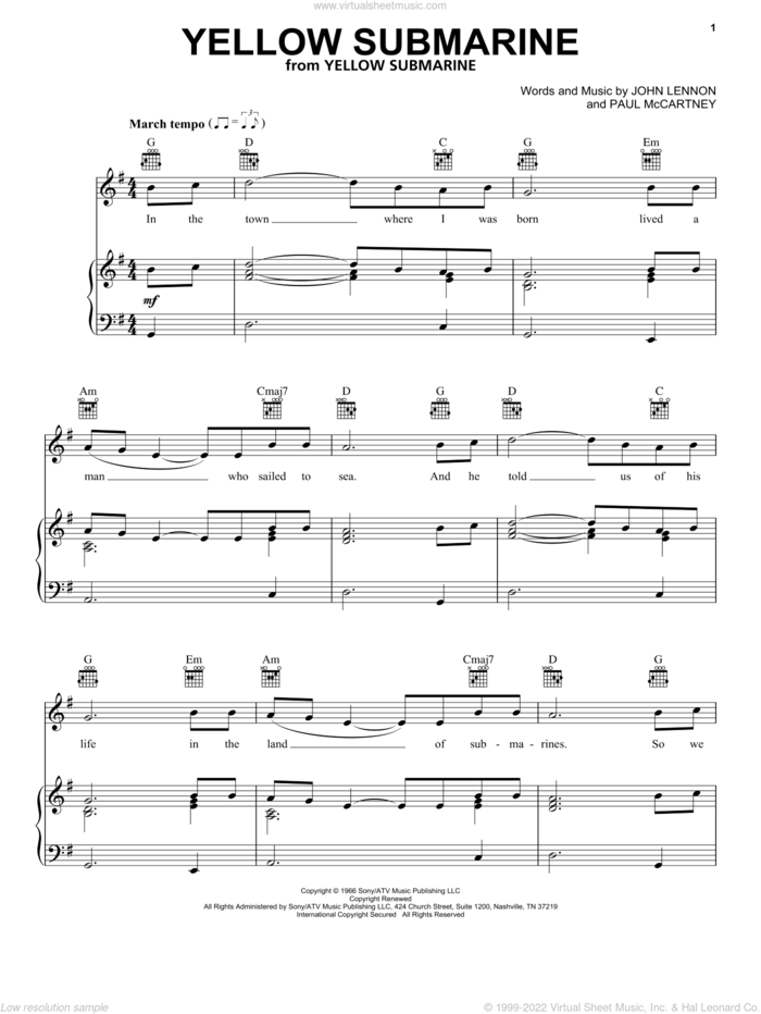 Yellow Submarine sheet music for voice, piano or guitar by The Beatles, John Lennon and Paul McCartney, intermediate skill level