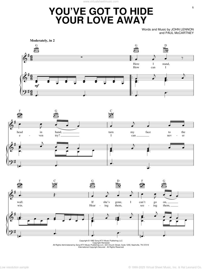 You've Got To Hide Your Love Away sheet music for voice, piano or guitar by The Beatles, Eddie Vedder, John Lennon and Paul McCartney, intermediate skill level