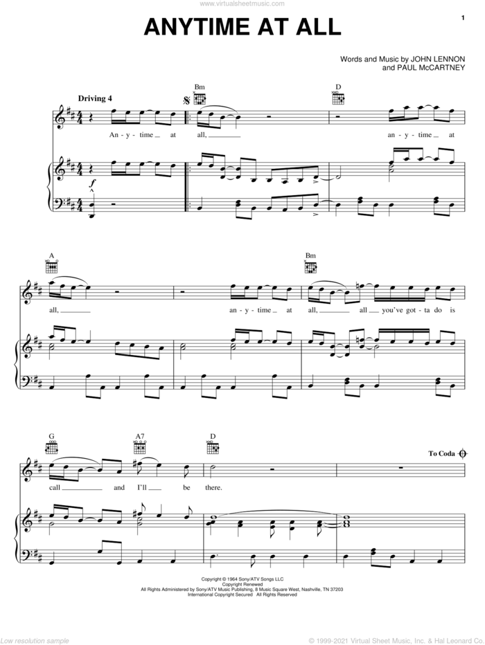 Anytime At All sheet music for voice, piano or guitar by The Beatles, John Lennon and Paul McCartney, intermediate skill level