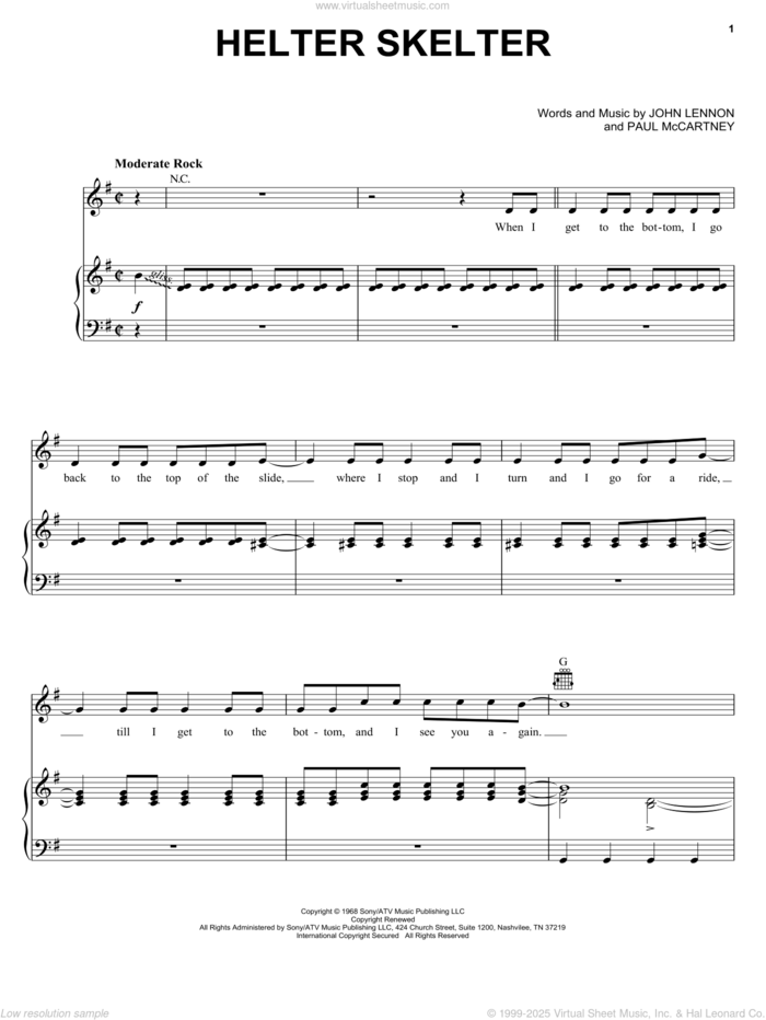 Helter Skelter sheet music for voice, piano or guitar by The Beatles, Across The Universe (Movie), Motley Crue, U2, John Lennon and Paul McCartney, intermediate skill level