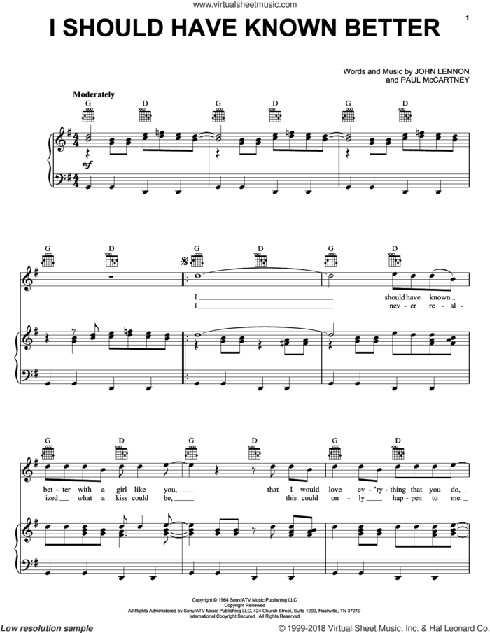 I Should Have Known Better sheet music for voice, piano or guitar by The Beatles, John Lennon and Paul McCartney, intermediate skill level