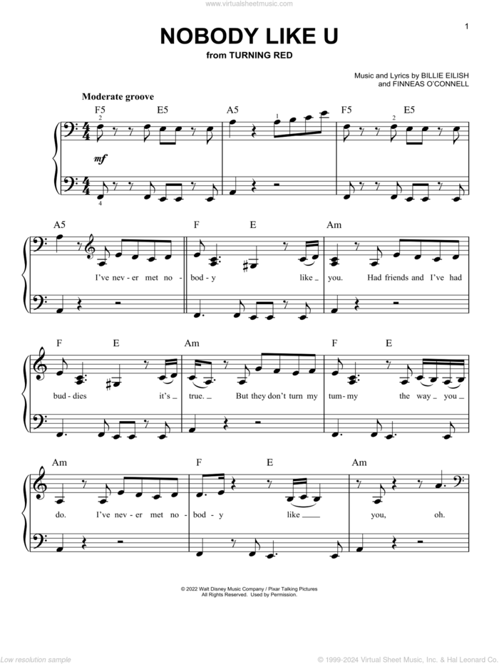 Nobody Like U (from Turning Red) sheet music for piano solo by 4*TOWN and Billie Eilish, easy skill level