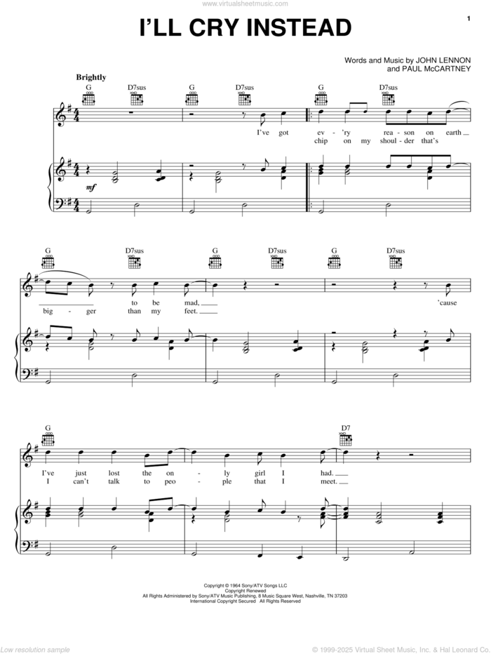 I'll Cry Instead sheet music for voice, piano or guitar by The Beatles, Billy Joel, John Lennon and Paul McCartney, intermediate skill level