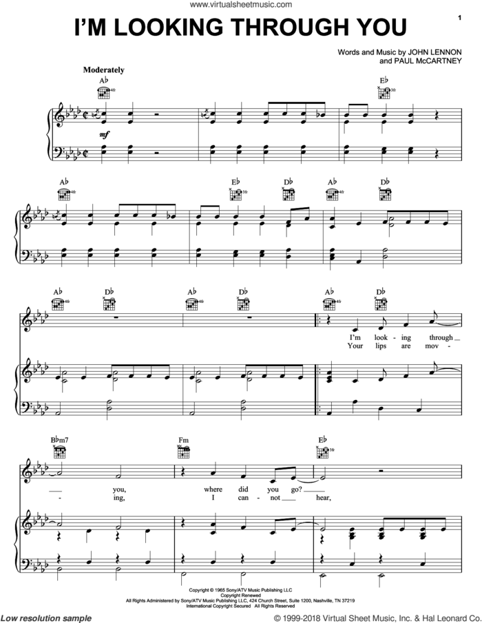 I'm Looking Through You sheet music for voice, piano or guitar by The Beatles, John Lennon and Paul McCartney, intermediate skill level
