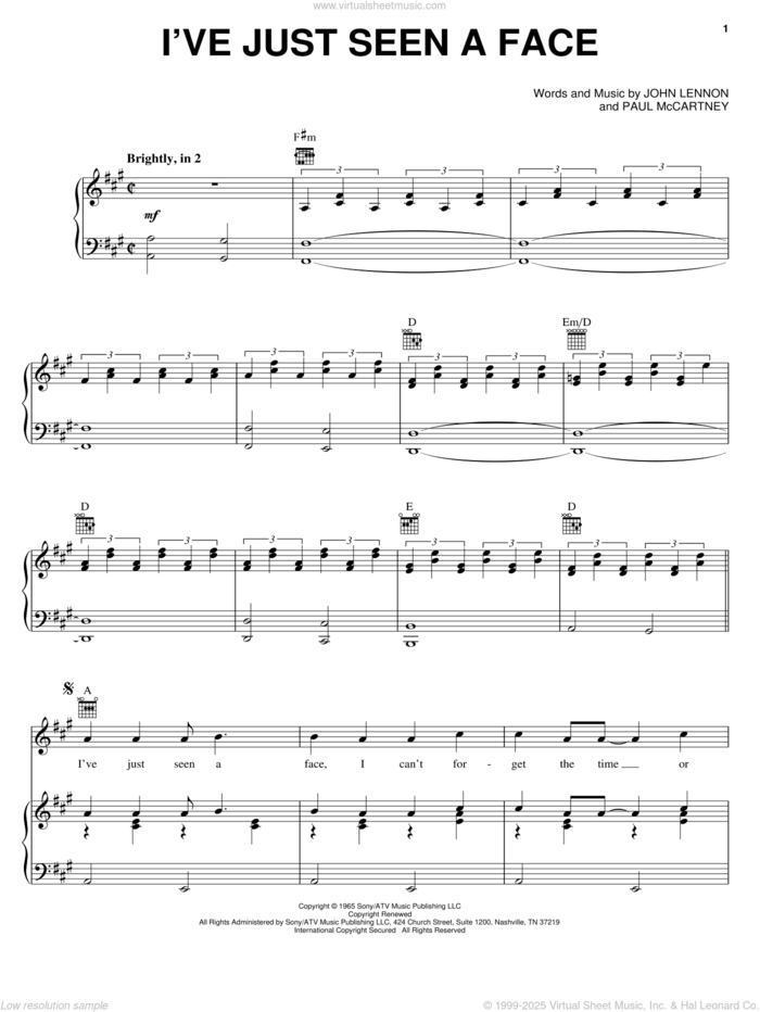 I've Just Seen A Face sheet music for voice, piano or guitar by The Beatles, Across The Universe (Movie), John Lennon and Paul McCartney, intermediate skill level