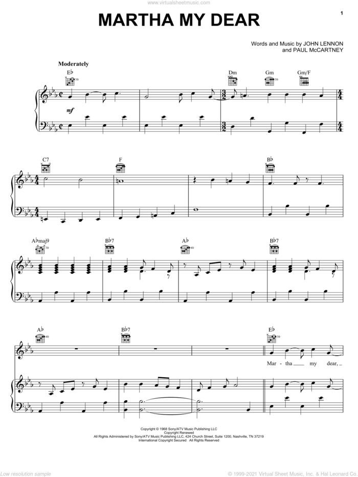Martha My Dear sheet music for voice, piano or guitar by The Beatles, John Lennon and Paul McCartney, intermediate skill level