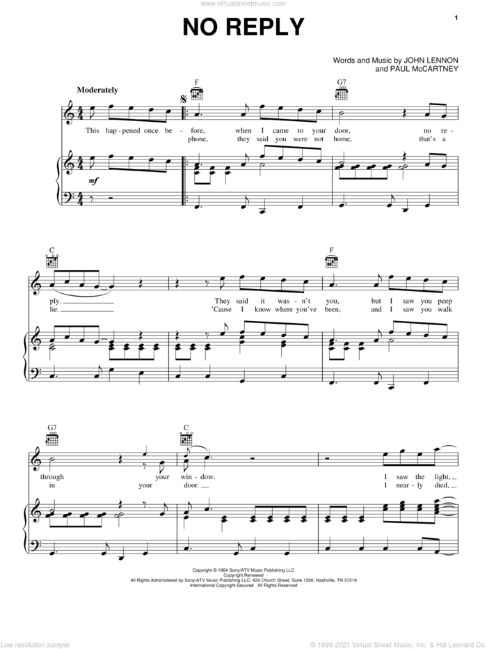 No Reply sheet music for voice, piano or guitar by The Beatles, John Lennon and Paul McCartney, intermediate skill level