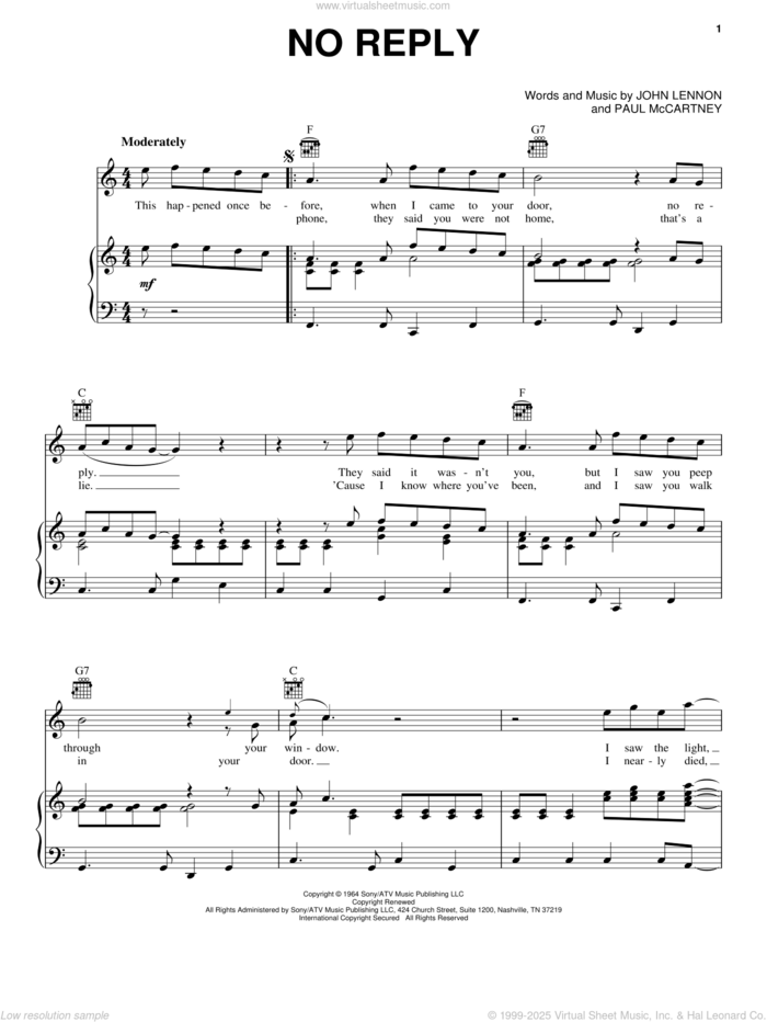 No Reply sheet music for voice, piano or guitar by The Beatles, John Lennon and Paul McCartney, intermediate skill level