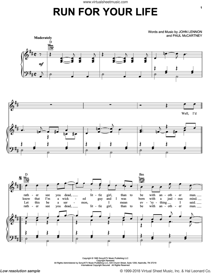 Run For Your Life sheet music for voice, piano or guitar by The Beatles, John Lennon and Paul McCartney, intermediate skill level