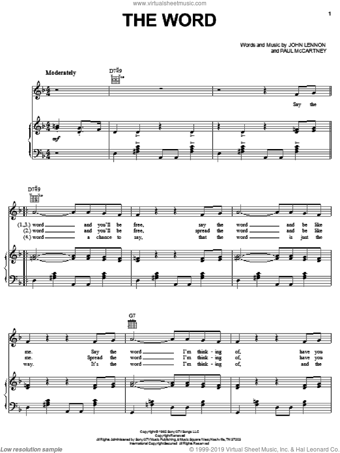 The Word sheet music for voice, piano or guitar by The Beatles, John Lennon and Paul McCartney, intermediate skill level