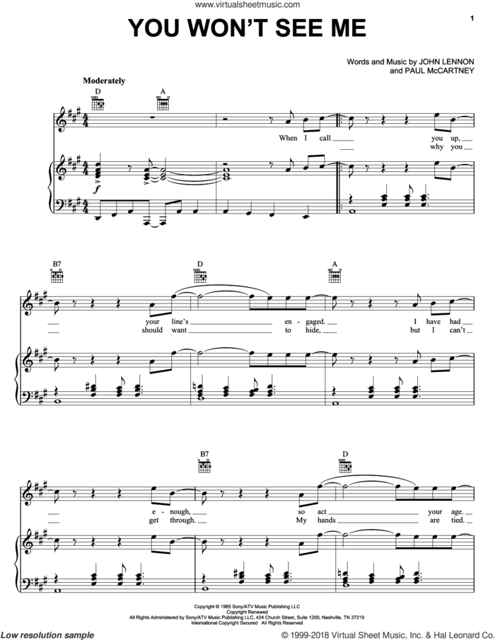You Won't See Me sheet music for voice, piano or guitar by The Beatles, John Lennon and Paul McCartney, intermediate skill level