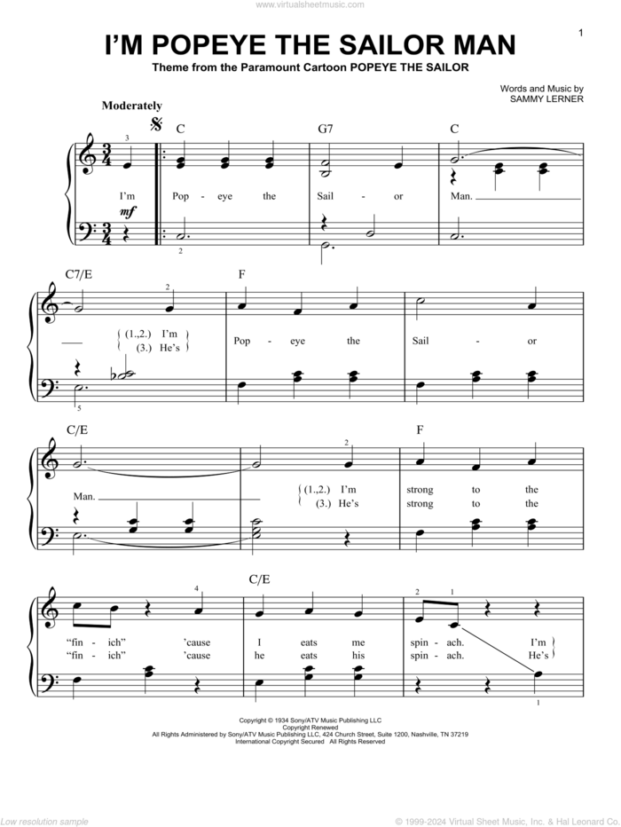 I'm Popeye The Sailor Man sheet music for piano solo by Sammy Lerner, easy skill level