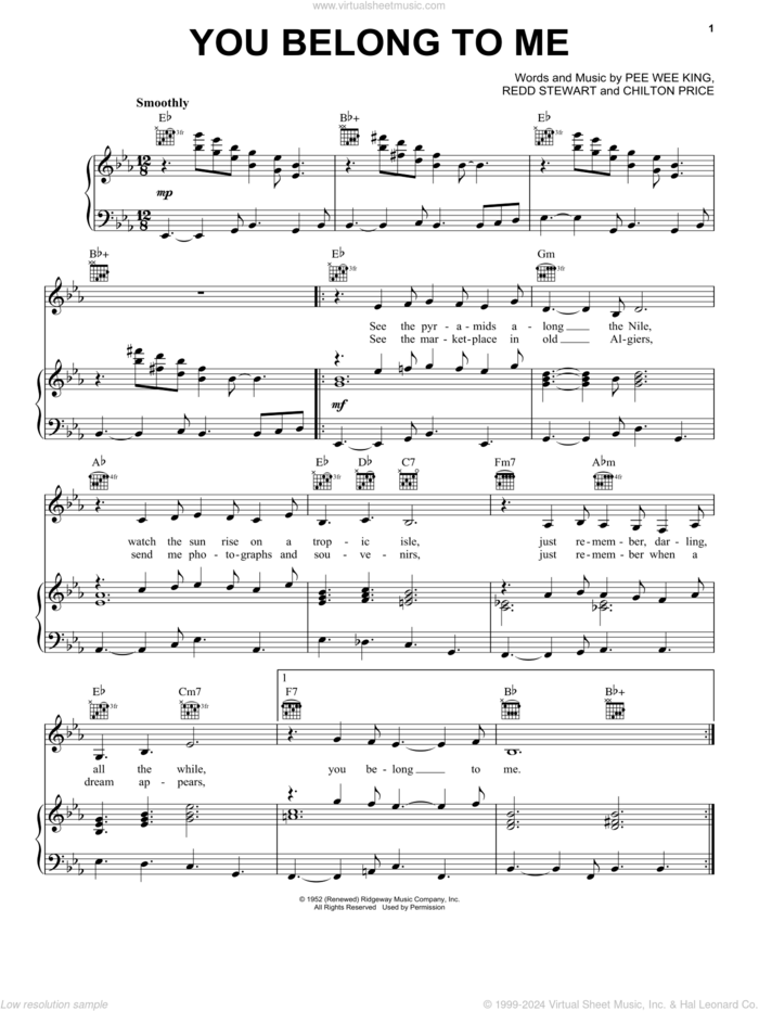 You Belong To Me sheet music for voice, piano or guitar by Patsy Cline, Dean Martin, Duprees, Chilton Price, Pee Wee King and Redd Stewart, intermediate skill level