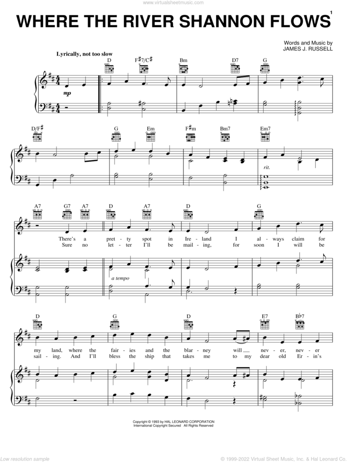 Where The River Shannon Flows sheet music for voice, piano or guitar by James J. Russell, intermediate skill level