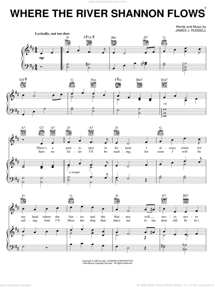 Where The River Shannon Flows sheet music for voice, piano or guitar by James J. Russell, intermediate skill level