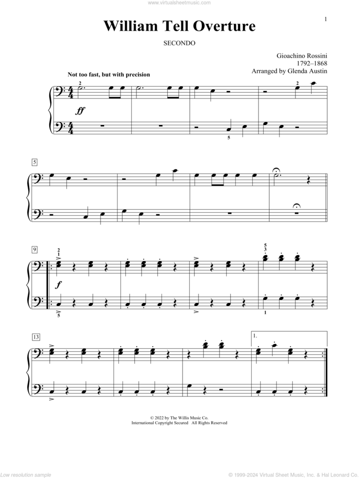 William Tell Overture (arr. Glenda Austin) sheet music for piano four hands by Gioacchino Rossini and Glenda Austin, classical score, intermediate skill level